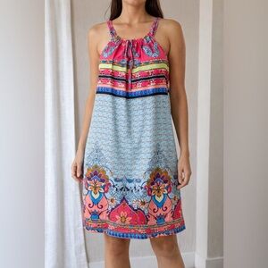 Jade Melody Tam Boho Paisley Mixed Border Print Resort Shift Dress Blue Pink SM